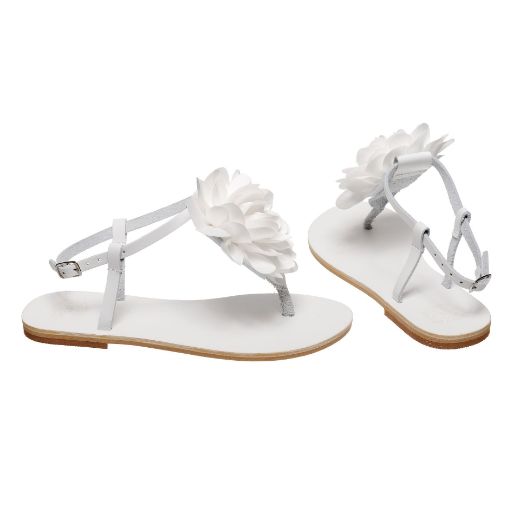 Handmade flat bridal sandals with white floral detail