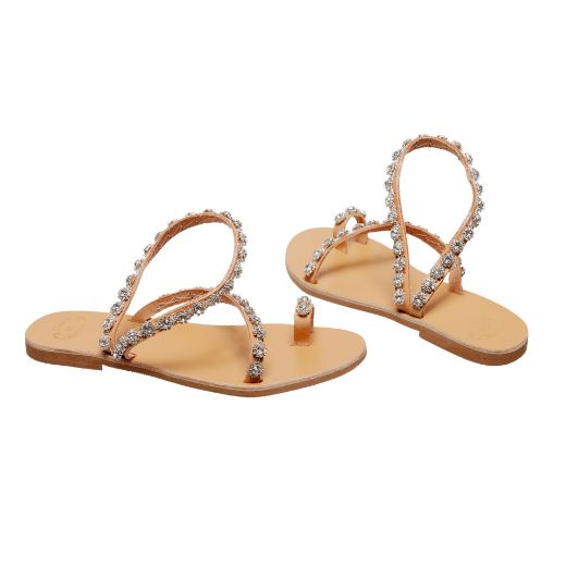 Handmade flat bridal sandals with sparkling hand-sewn crystals