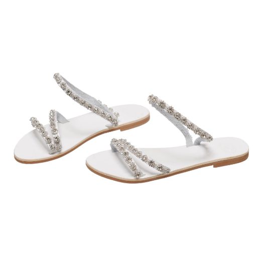white bridal sandals with hand-sewn crystal embellishments