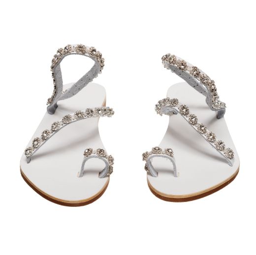 Handmade flat white bridal sandals with sparkling hand-sewn crystals