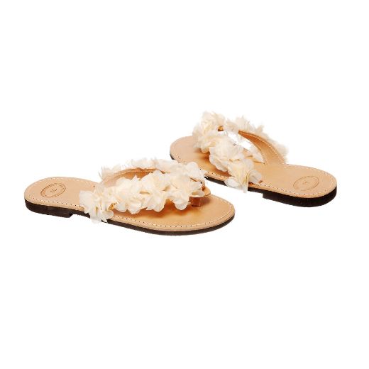 Handmade flat bridal sandals with ivory floral embellished straps