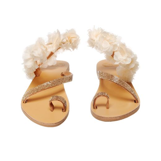 leather bridal sandals with ivory flowers and gold rhinestones