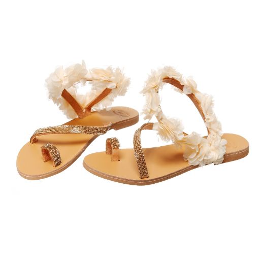 Handmade flat bridal sandals with ivory floral ankle detail and rhinestone straps