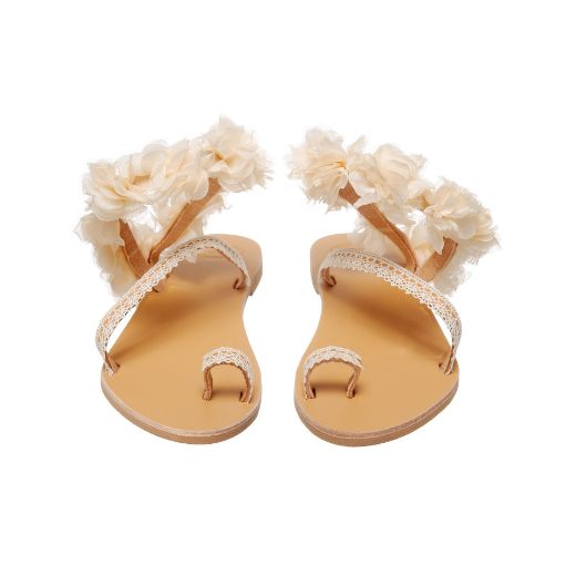 leather bridal sandals with ivory flowers and lace