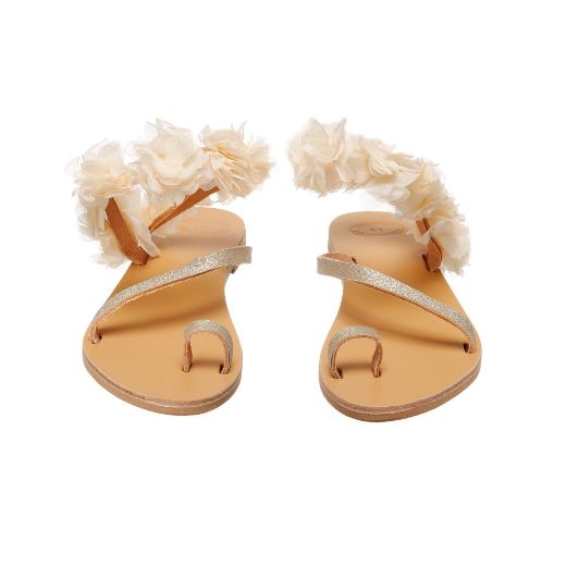 leather bridal sandals with ivory floral ankle embellishments
