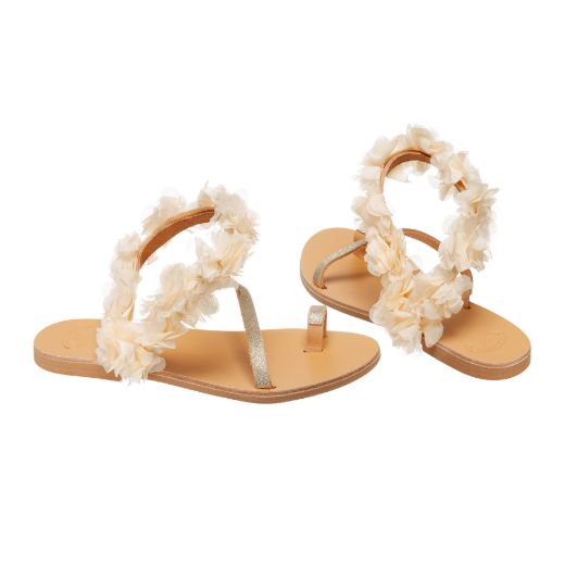 Handmade flat bridal sandals with ivory flowers and gold detail