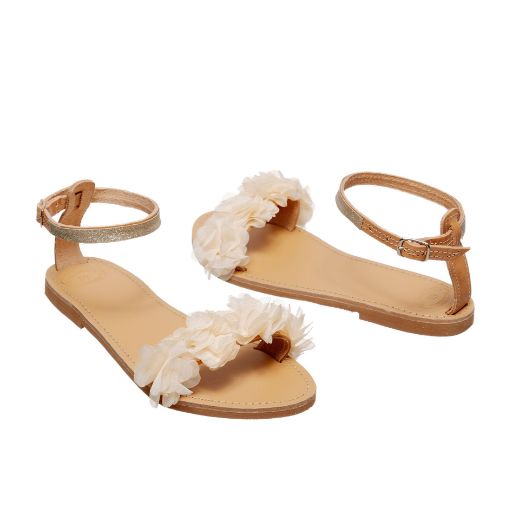 Handmade flat bridal sandals with ivory floral front strap