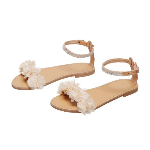 leather bridal sandals with white flowers and lace