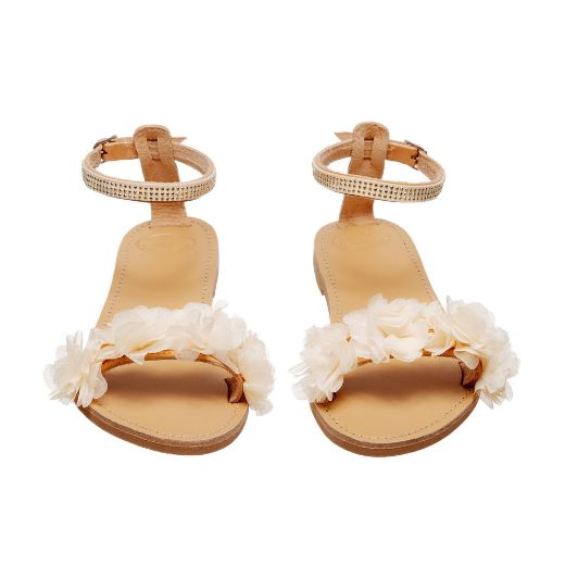 leather bridal sandals with white flowers and rhinestones