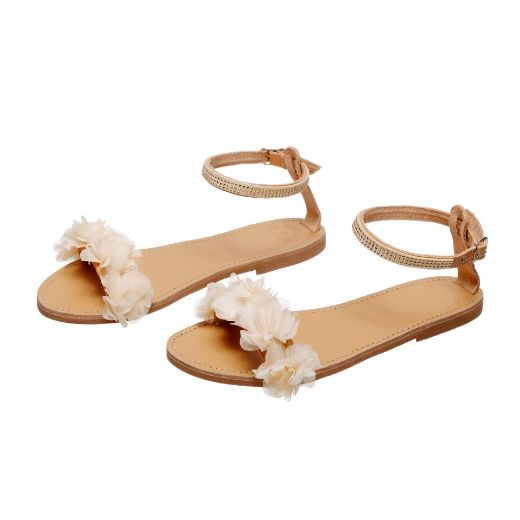 Handmade flat bridal sandals with white flowers and rhinestone ankle strap
