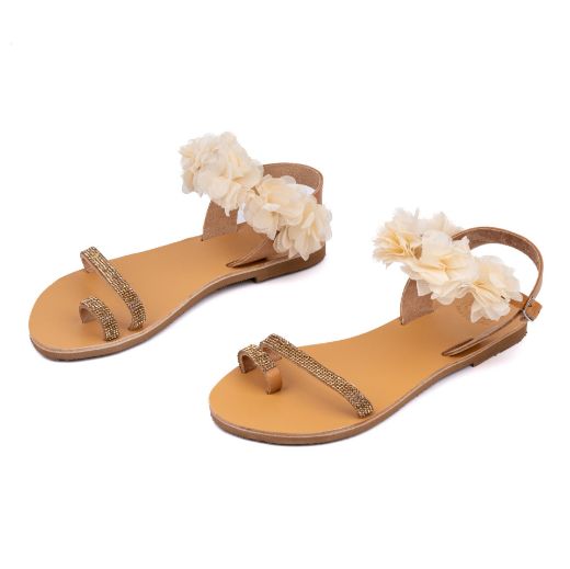 leather bridal sandals with ivory flowers and gold rhinestones