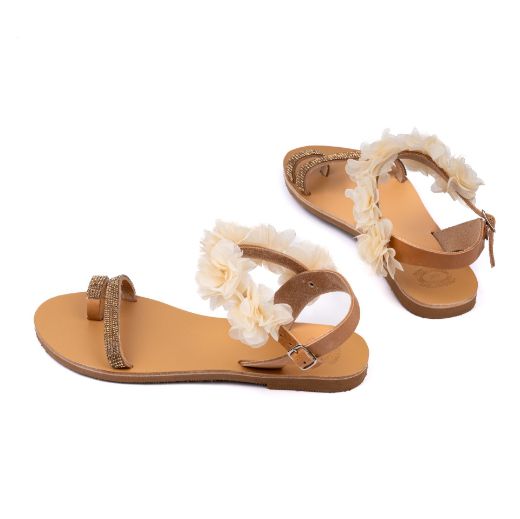 Handmade flat bridal sandals with ivory floral ankle embellishments