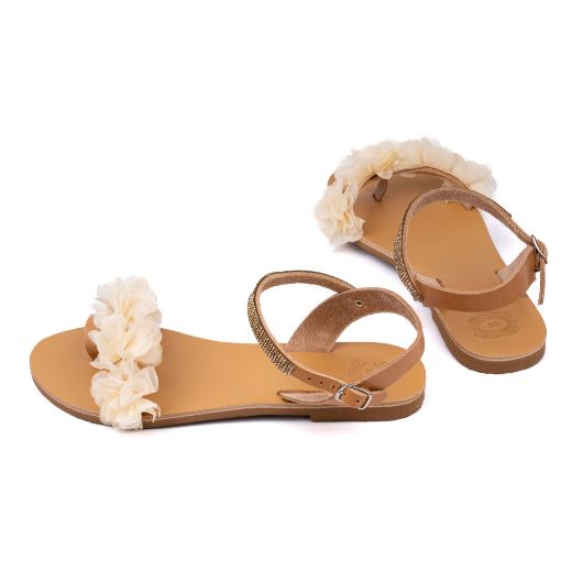 leather bridal sandals with ivory flowers and gold details