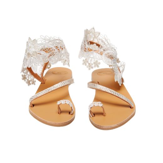 leather bridal sandals with ivory floral lace