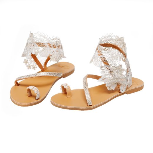 Handmade flat bridal sandals with ivory lace ankle embellishment