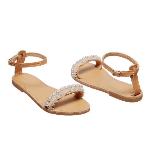 Handmade flat bridal sandals with pearl embellished front strap