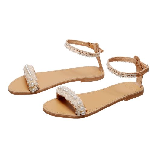 leather bridal sandals with pearl front strap and white ankle lace