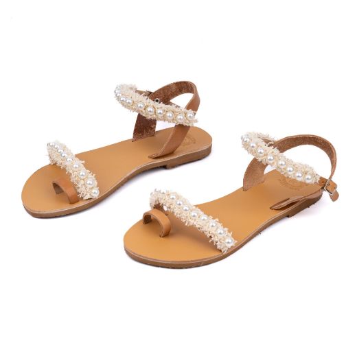 leather bridal sandals with ivory pearl embellishments