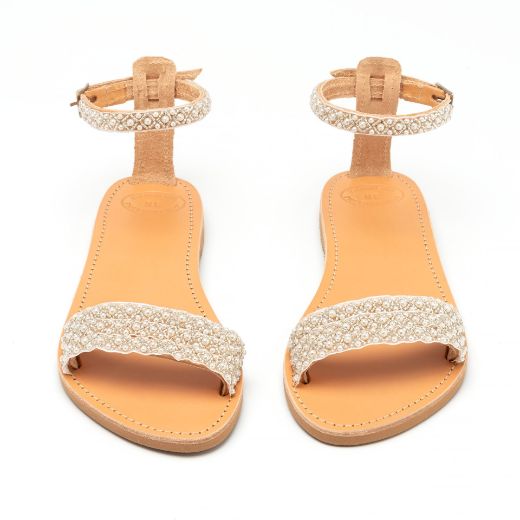 leather bridal sandals with white pearl embellished straps
