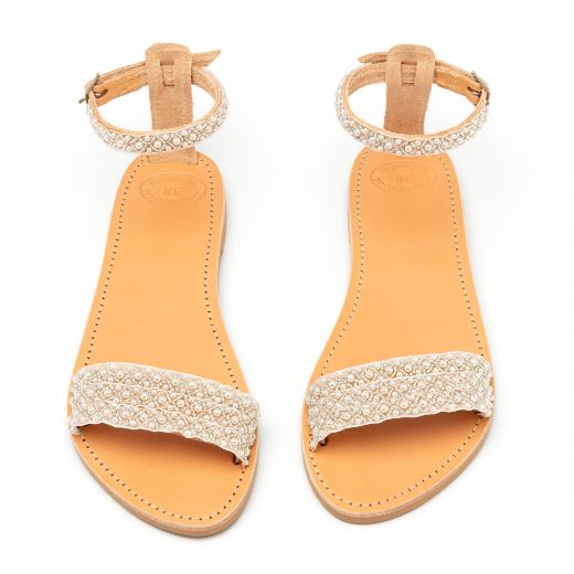 Handmade flat bridal sandals with pearls across the front and ankle