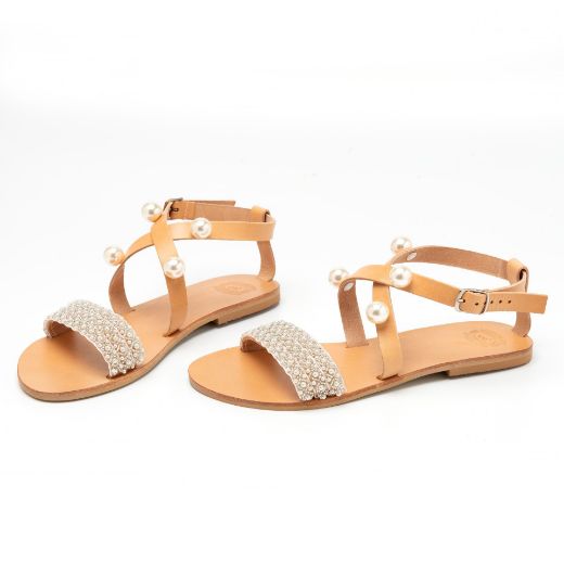 leather bridal sandals with small and statement white pearls