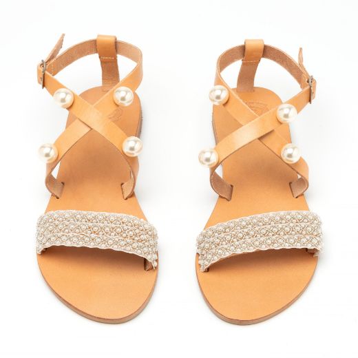 Handmade flat bridal sandals with pearl embellished leather straps