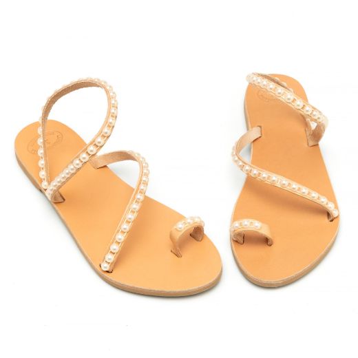 leather bridal sandals with white pearl embellished straps