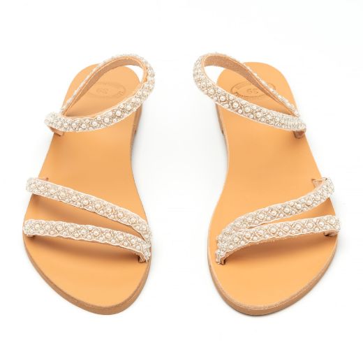 Handmade flat bridal sandals with elegant pearl details