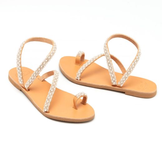 Handmade flat leather bridal sandals with white pearls