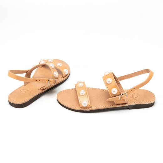 leather bridal sandals with statement white pearls