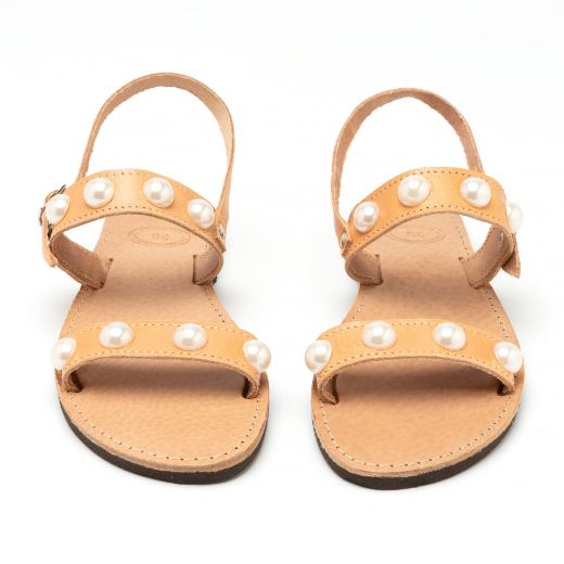 Handmade flat bridal sandals with large pearl embellished straps