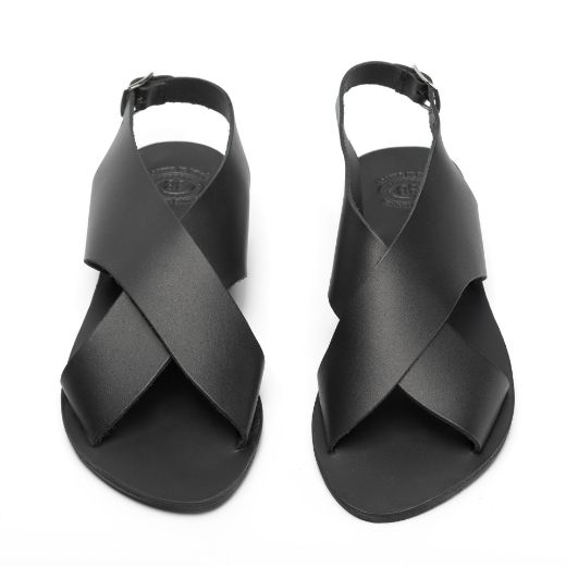 Elegant black leather flat sandals with wide straps