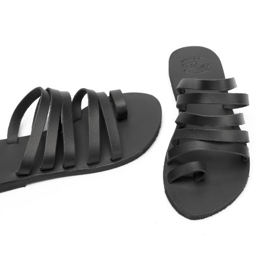 Women's black leather flat sandals with slim straps