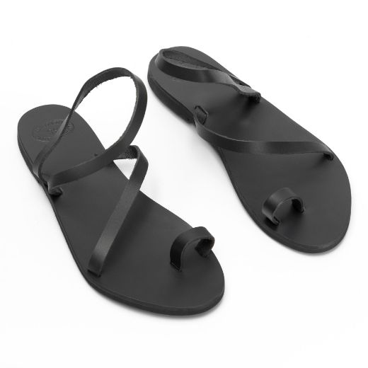 Women's black leather flat sandals with toe loop