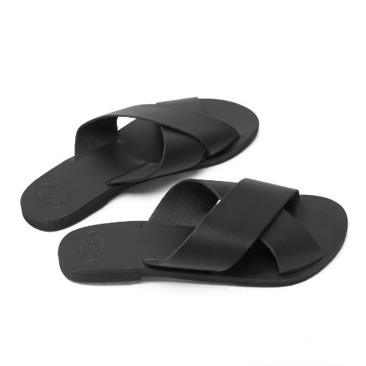 Women's minimalist black leather cross strap sandals