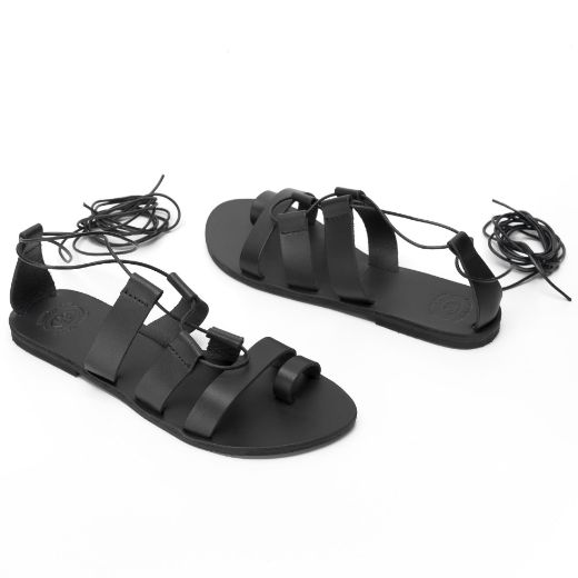 Black Greek inspired lace up leather sandals for women