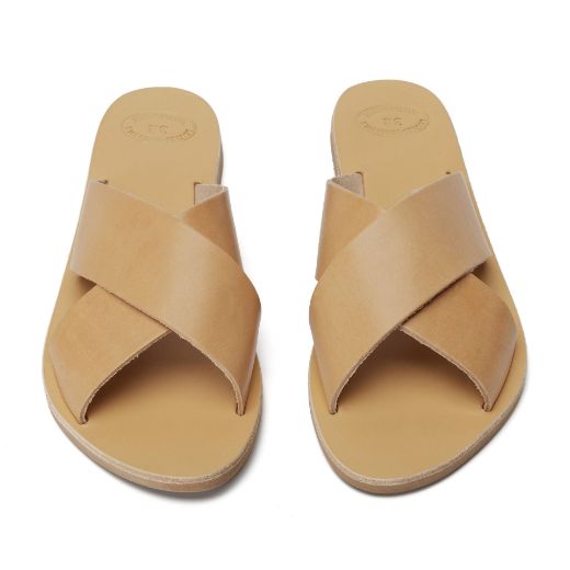 Handmade natural leather slides with wide straps for women