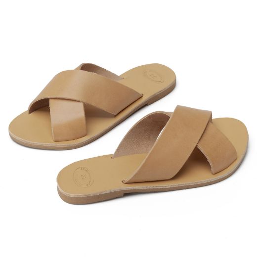 Women's leather cross strap slide sandals