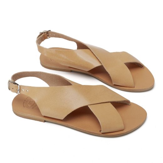 Nude leather flat sandals with wide strap design for women