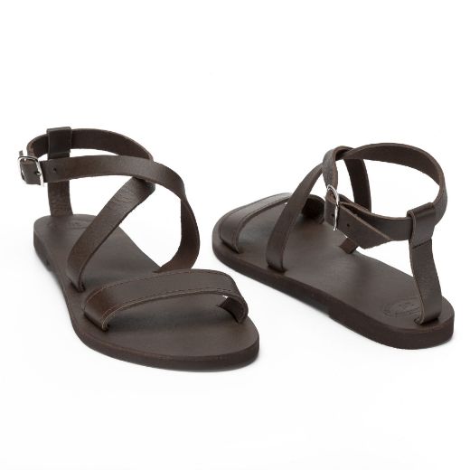 Women's brown flat sandals with wide leather front strap