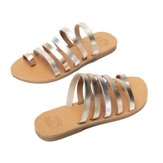 Women's metallic flat leather sandals with multi strap design