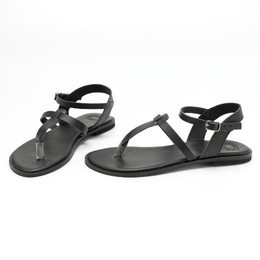 Handmade black flat sandals with slim leather straps