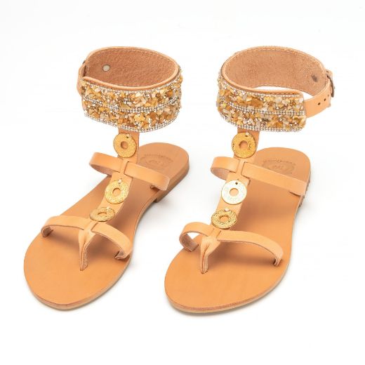 Picture of Handmade gold woman leather sandals with rhinestones