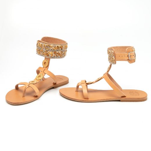 Picture of Handmade gold woman leather sandals with rhinestones