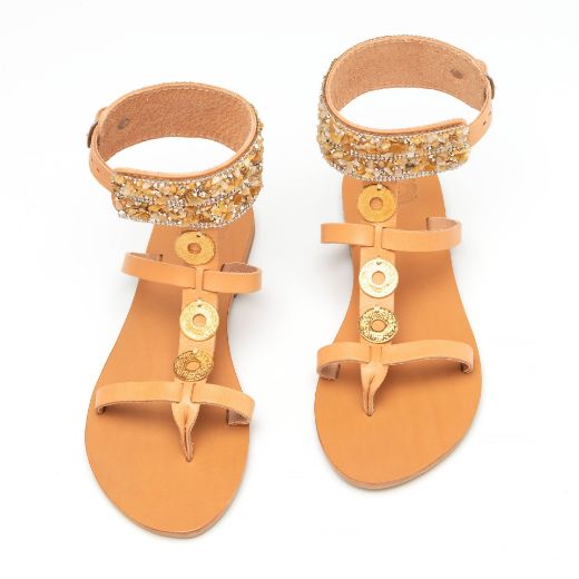 Picture of Handmade gold woman leather sandals with rhinestones