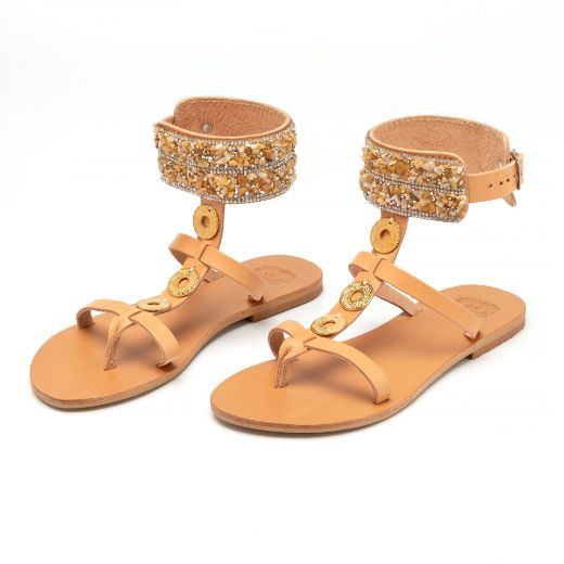 Picture of Handmade gold woman leather sandals with rhinestones