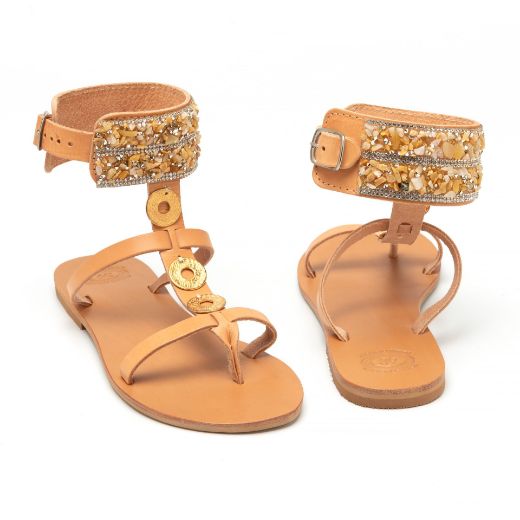 Picture of Handmade gold woman leather sandals with rhinestones