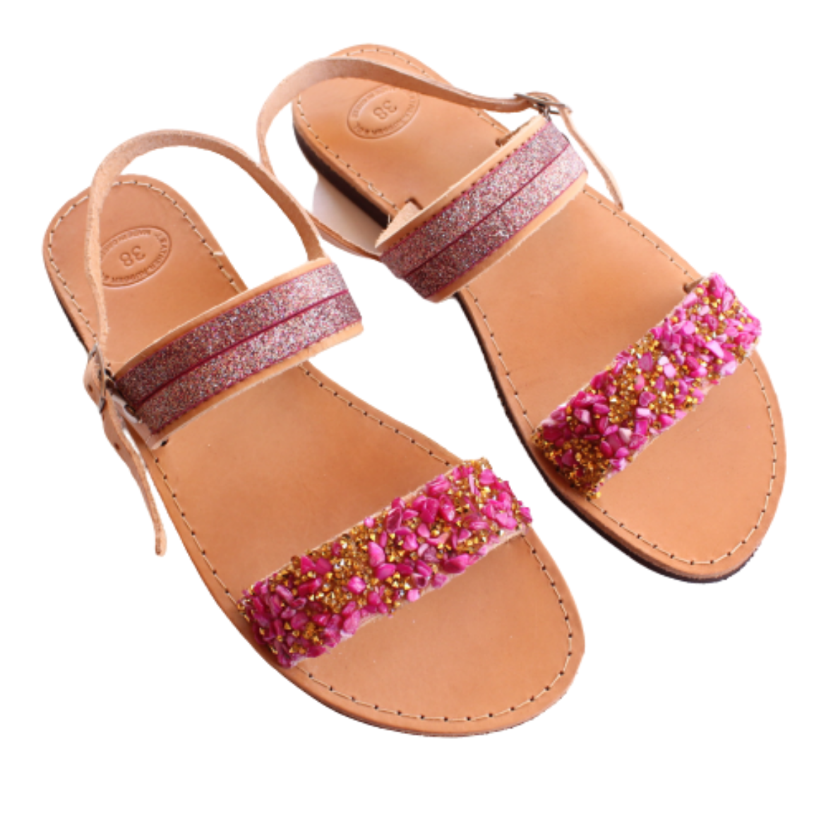 Picture of Woman leather sandals pink with rhinestones