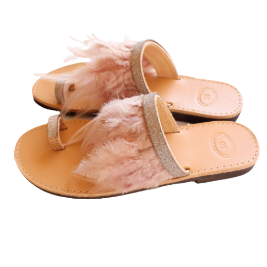 Handmade beige leather feather sandals with gold glitter straps