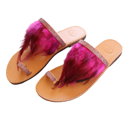 Picture of Handmade woman leather sandals with pink feathers